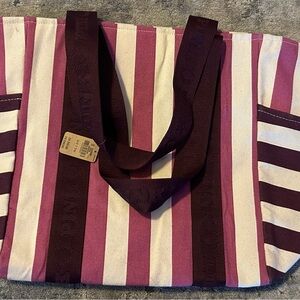 Striped Pink Canvas Tote Bag with Dark Burgundy Handles